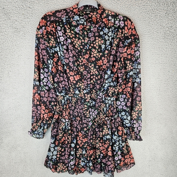 A.E. Studio Womens Floral Chiffon Full Button Front Mini Dress Sz M Black Purple - Picture 2 of 16